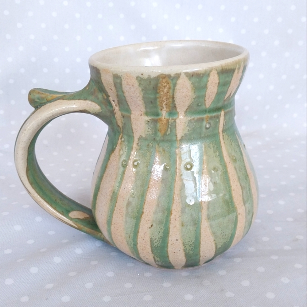 Studio Art Pottery Stonewear Green and Cream Stripe Glazed Large Mug